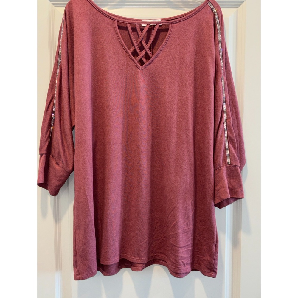 89th + Madison Blouse Top Womens 2X Maroon Criss Cross‎ V Neck Dolman Sleeve